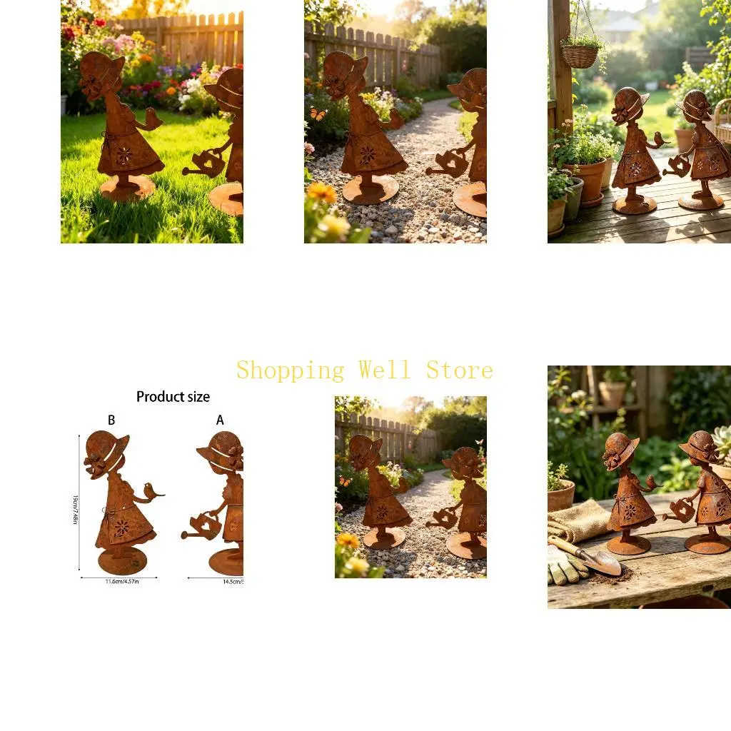 KX4B Iron Garden Statue with Crafted Metal Character for Porch and Lawn Display