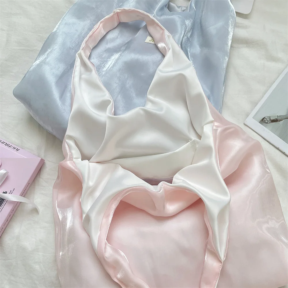 Feminine Fairy Style Satin Tote Bag Large Capacity Shoulder Handbag Casual Underarm Bag for Girls Daily Use Shopping Travel