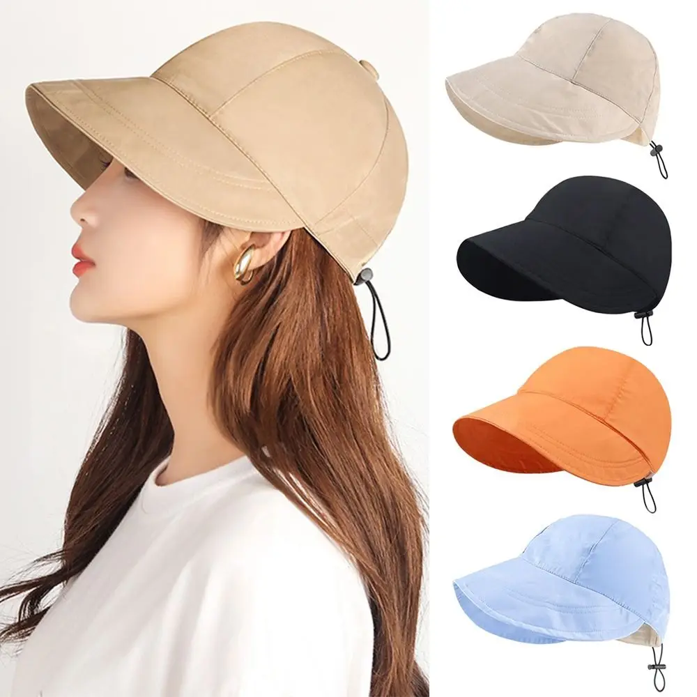 Men Women Foldable Wide Brim Sun Hat Adjustable Drawstring Beach  Caps Ponytail Bucket Hat Quick-drying Visors Summer Accessory