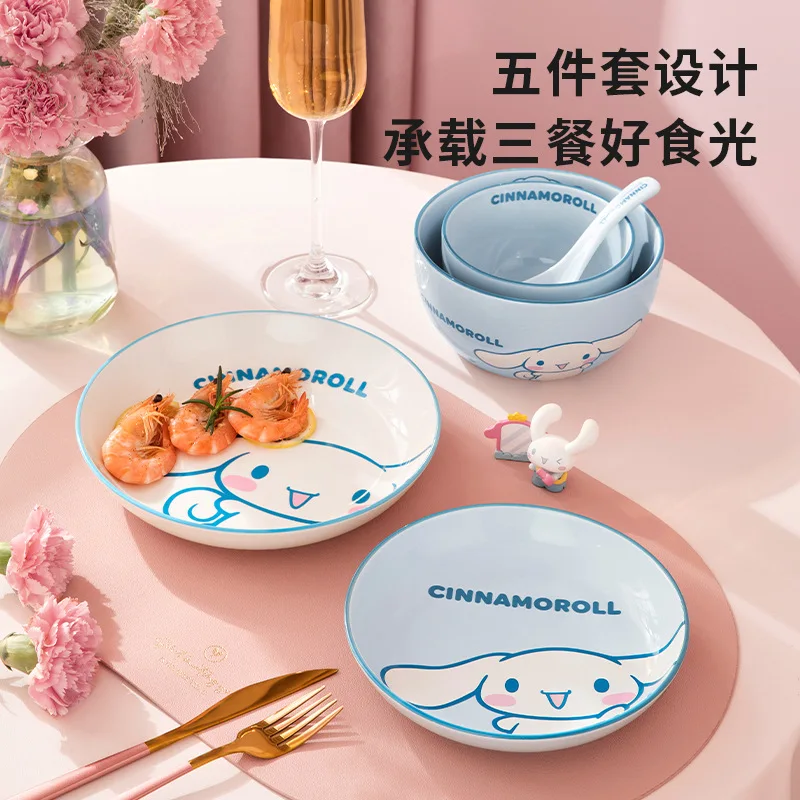 Sanrio My Melody Cinnamoroll Ceramic Bowl Dish Set Girl Heart Kawaii Anime Hello Kitty Household Dish Plate Thickened Tableware