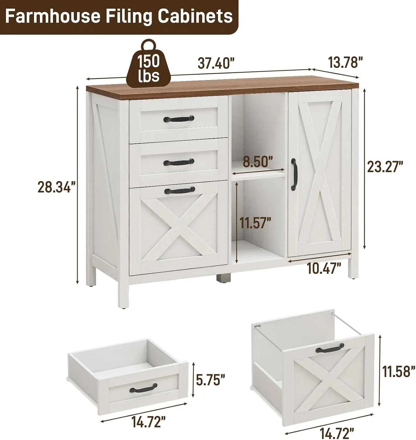 Lateral File Cabinet, Farmhouse 3 Drawer File Cabinet With Open Storage Shelf, Large Wood Storage Cupboard Printer Stand For Home Office, Hanging File Organizer, Modern Rustic, White, 1 Piece