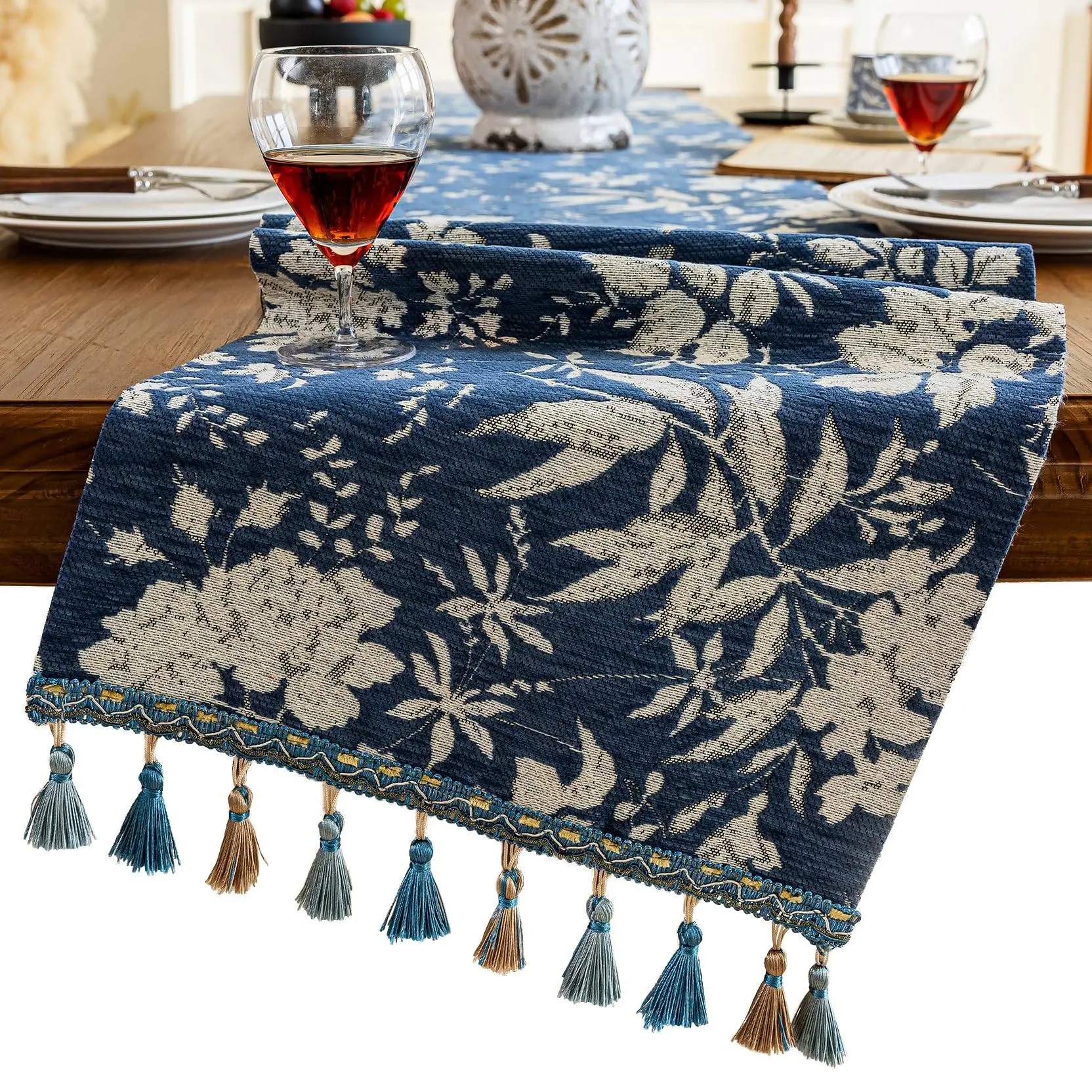 

Botanical Dining Table Runner with Tassels Luxury Table Runner for Home Party Decor Jacquard Floral Elegant Natural Table Runner