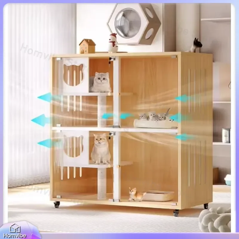 

3 Layer Partition Cat House with Panoramic Transparent Acrylic Walls Movable Pet Feeding Station Cat Scratching Board Indoor