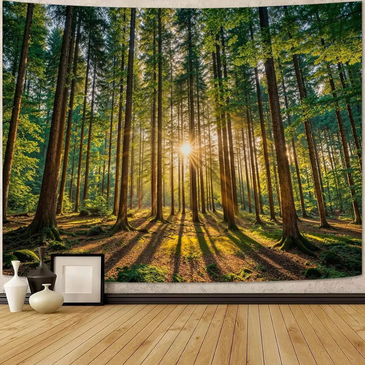VIKAMA Natural Forest Landscape Tapestry Green Plant Stream Pool Wall Hanging Aesthetic Bedroom Home Decor Small Wall Art