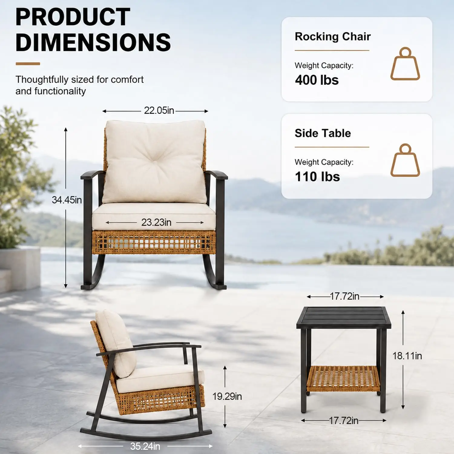 3-Piece Rocking Bistro Set, Outdoor Wicker Patio Furniture with Thick Cushions & 2-Tier Table, All Weather Oversized Porch Chair