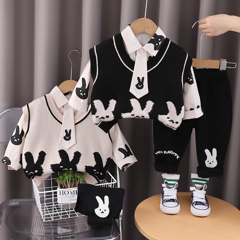 

Boys Clothes Sets Spring Autumn 2024 Children Knitted Vest Tie Shirts Pants 3pcs Tracksuits For Baby Party Suit Kids Outfits 5Y