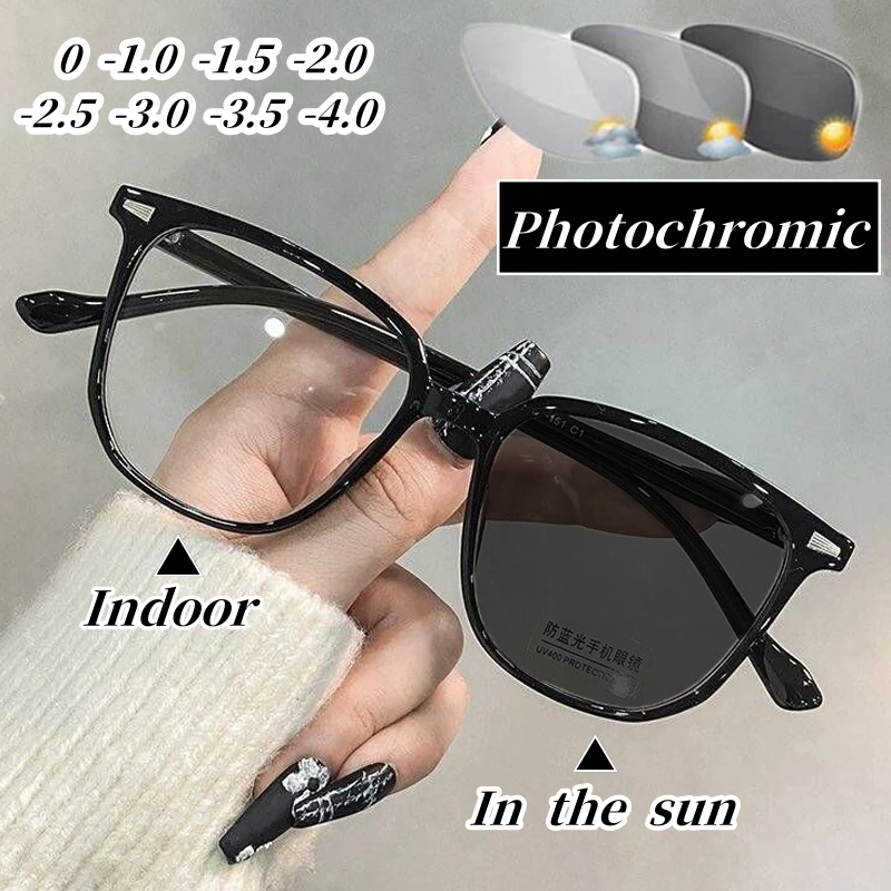 Fashion Square Finished Photochromic Myopia Eyeglasses Vintage Intelligent Color Changing Glasses Outdoor Men Women Sunglasses