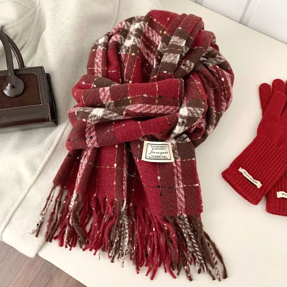 

Thicken Sweet Plaid Wool Scarf Tassel New Year Winter Knitted Scarves Solid Color Red Long Shawl Autumn Winter