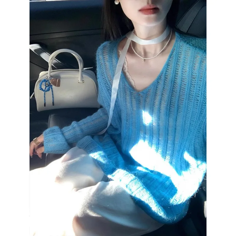 Полый вязаный свитер с длинными рукавами в корейском стиле для женщин, новый свободный синий летний солнцезащитный стиль, тонкий топ с длинными рукавами