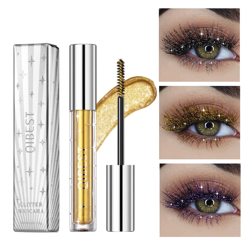 QIBEST Colored Mascara Quick Dry Longlasting Waterproof Sweatproof Curling Shiny Sequins Eyelash Sexy Mascara Shimmer Makeup