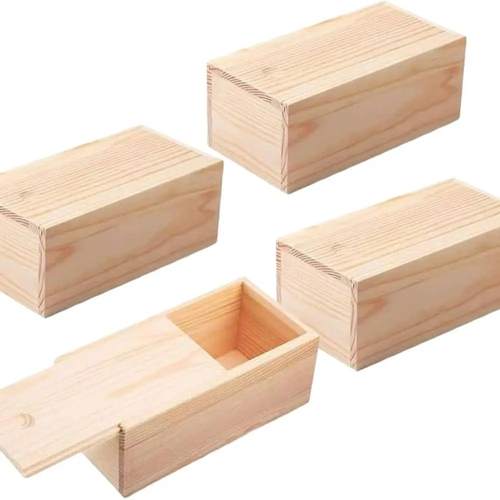 

4 Pack Unfinished Wood Storage Box with Slide Lid Blank Natural Wood Box Case Container Small Gift Box for Storage, Arts, Crafts