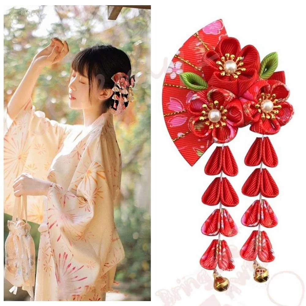 

Japanese Kimono Headwear, Flower Tassels Tassel Fan Hairpin, Sweet Ancient Style Hairpin Hanfu Fan Hair Clip Girl Hair