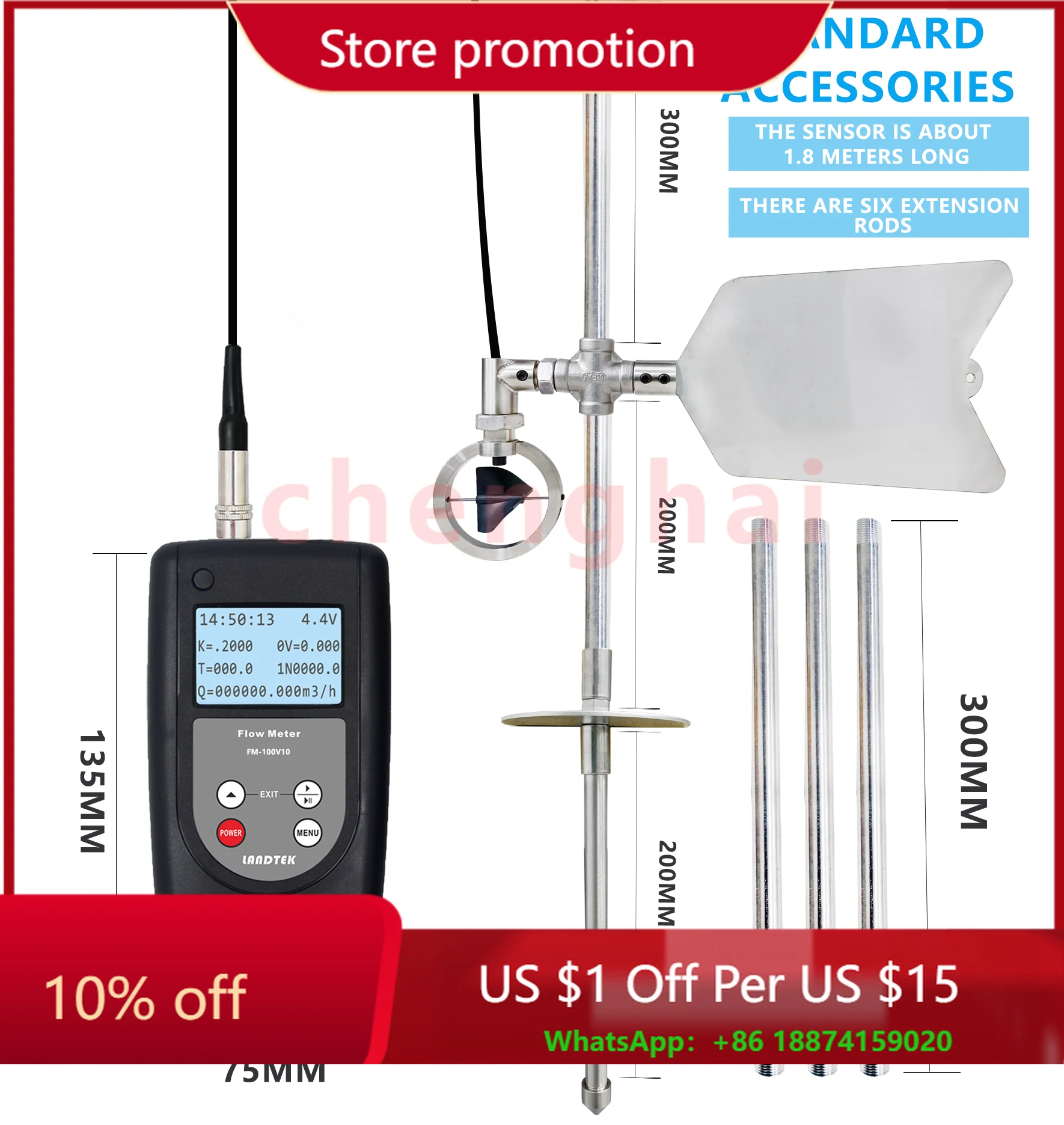 Medidor de flujo portátil FM-100V10 0,01-10,00 m/s
