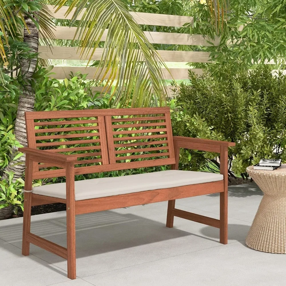 Outdoor Bench with Cushion, 2-Person Patio Bench with Slatted Back & Seat, Removable Cushion, Conversation Loveseat