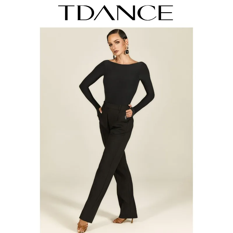 فستان ممارسة لاتيني حديث مخصص من TDANCE [ياقة سفينة وأكمام طويلة] مع وسادة صدر أساسية متعددة الاستخدامات للنساء GL-219