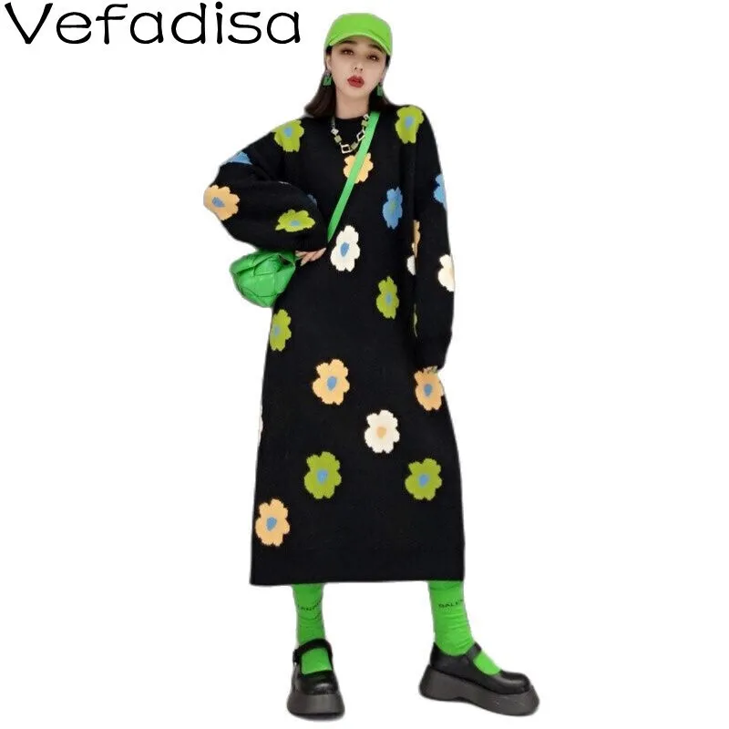 Vefadisa 2025 Spring Autumn New Casual Pullover Over The Knee Sweater Dress Fashion Printed Knitted Sweater Dress Women TT648