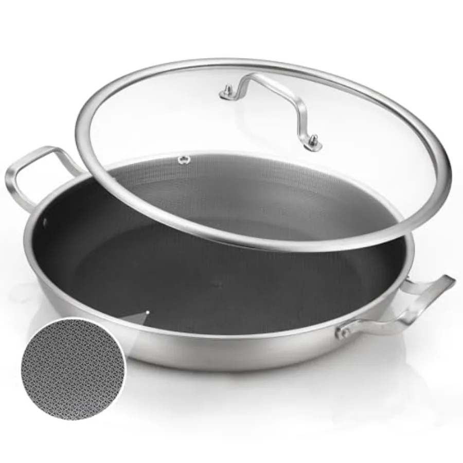 Paellera de 14 Pulgadas, Paellera de Acero Inoxidable de Triple Capa con Tapa, Sartén Antiadherente, Apta para Inducción, Sartenes Grandes Ideales para Paella