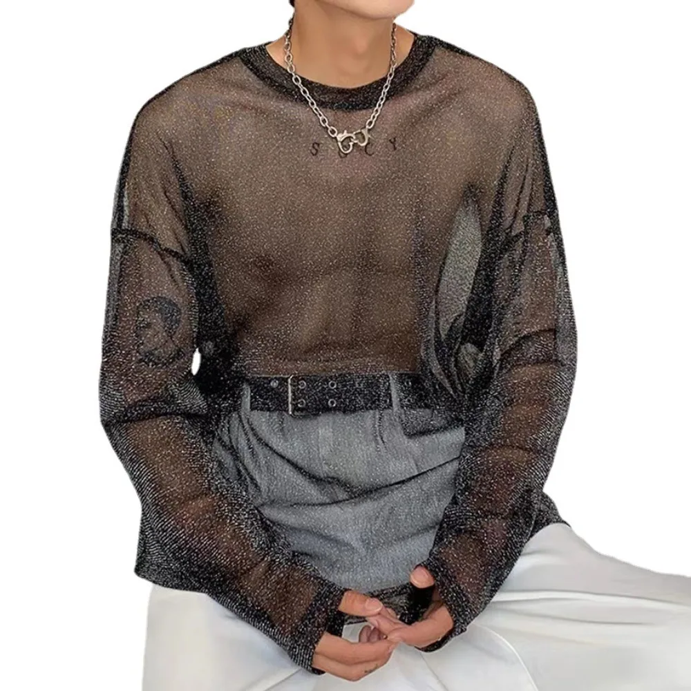 Mens Glitter T Shirt Mesh Sheer Long Sleeve Shirts See Through Rave Party Tops Sexy Round Neck Thin Breathable T-shirt Clubwear