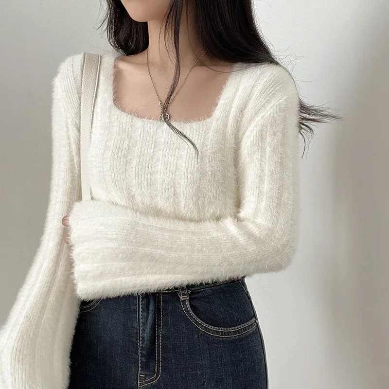 

Autumn Winter New Sle Women's Knitted Sweater Square Collar Mink Simulation Soft Cozy Overhead Trendy Color Sweet Sle
