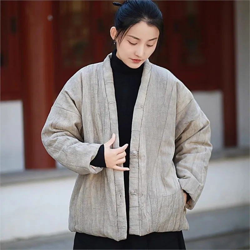 Johnature Women Vintage Ramie Cotton Parkas Button Winter Coats 2024 New Solid Color Plus Cotton Chinese Style Women Parkas