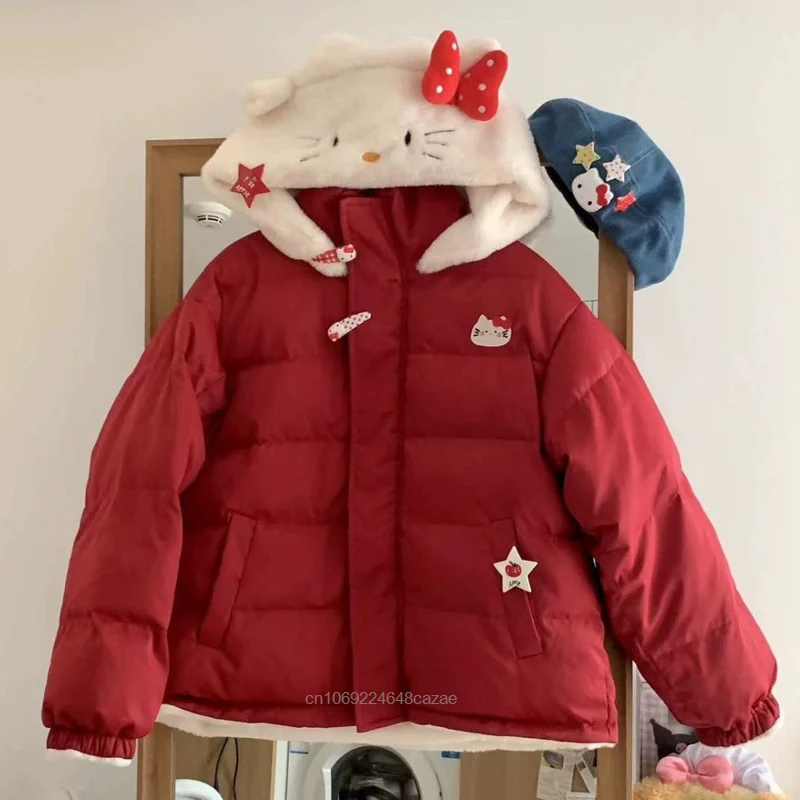 Sanrio Hello Kitty New Cute Red Coat Women Autumn Winter College Style Cotton Jacket Plush Hooded Y2k Japanese Style Zipper Tops