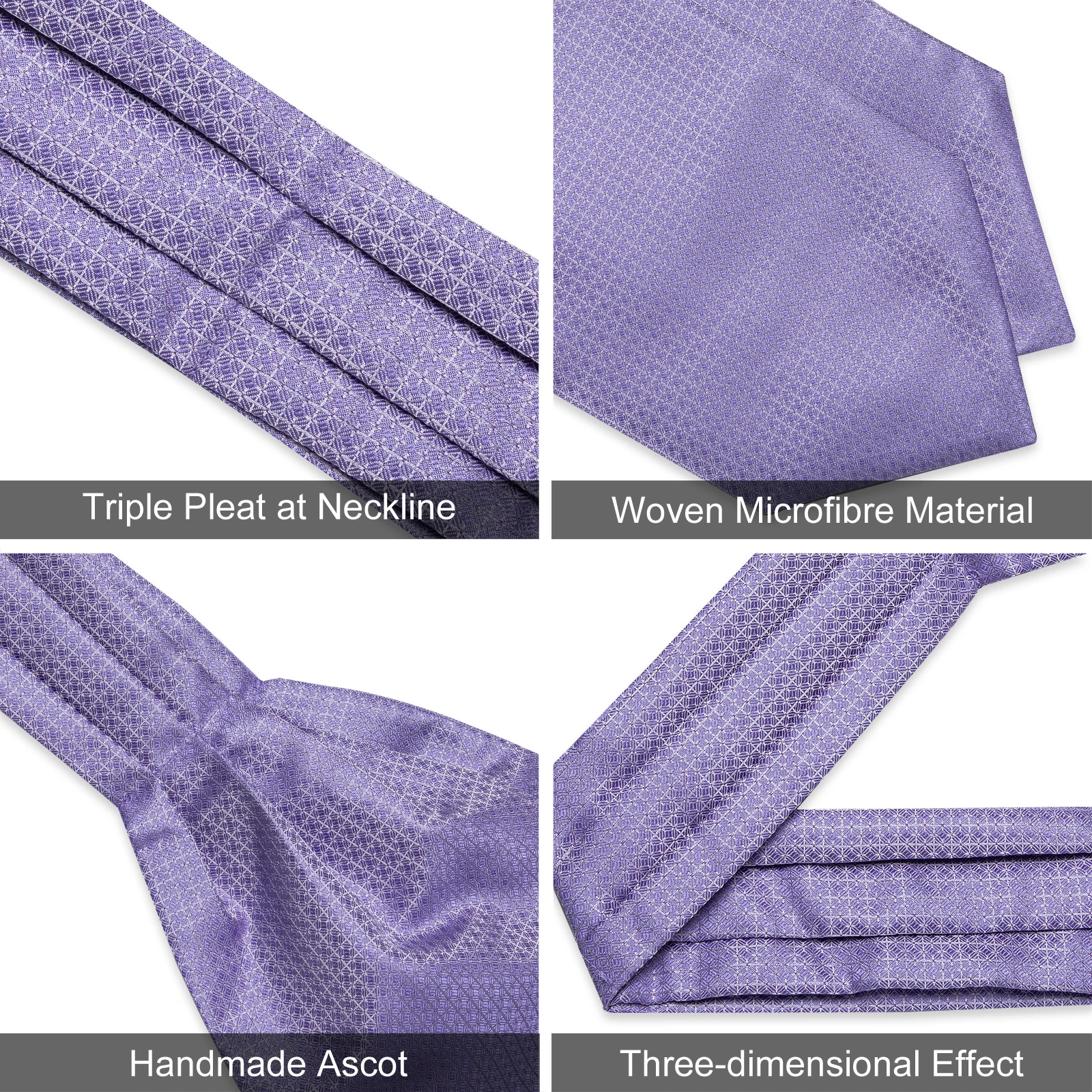 Silk Purple Plaid Ascot Pocket Square Cufflinks Set for Man Business Party Luxury Gentleman\'s Wedding Cravat Formal British Ties