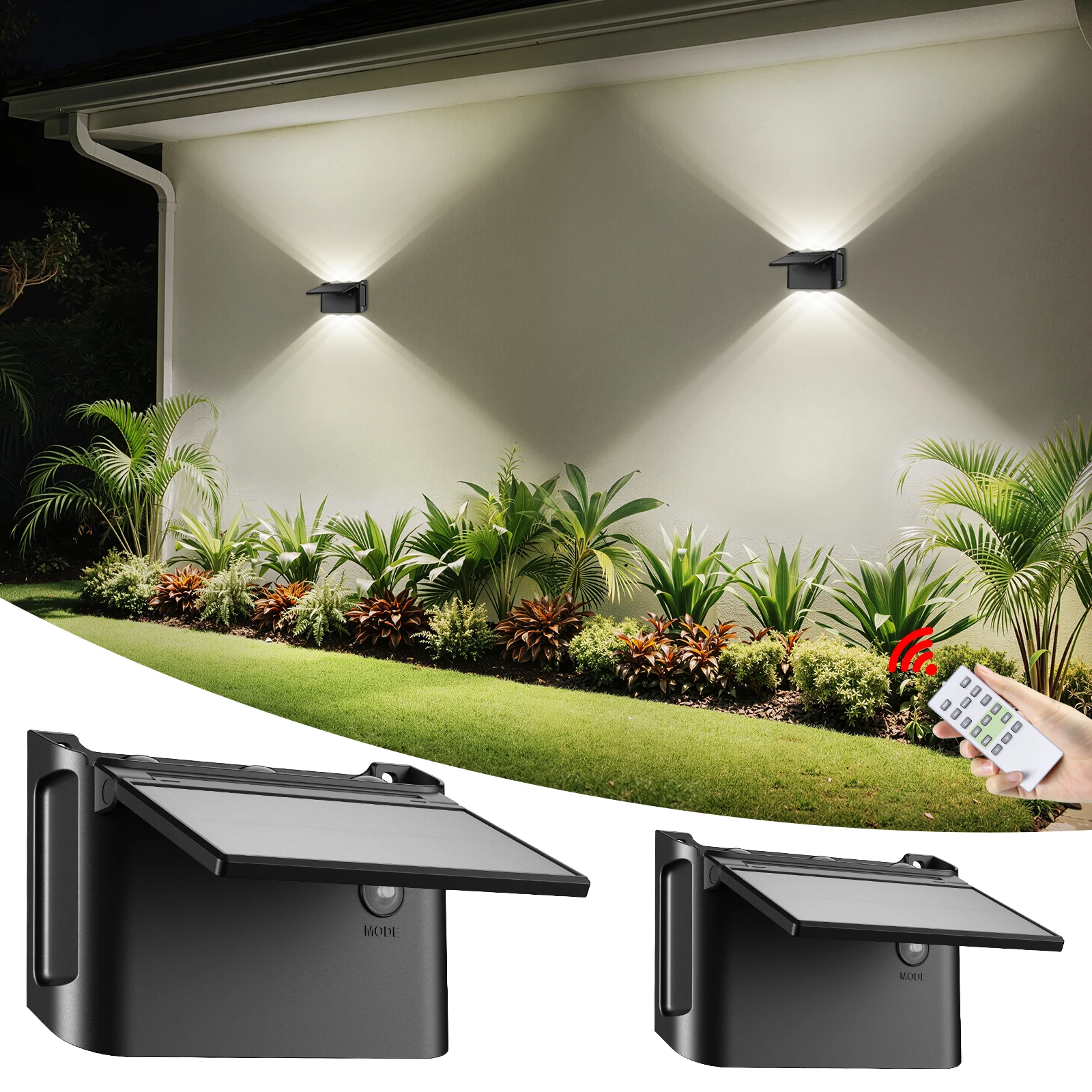 Image of intelamp Solar-Wandleuchten 2er-Pack mit Fernbedienung, 3 Farbmodi, IP65 | Anpassbare Auf-/Abwärtsbeleuchtung, IP65 wasserdichte Solarlampe für Außenwände, Zäune, Terrassen und Eingangsbereiche