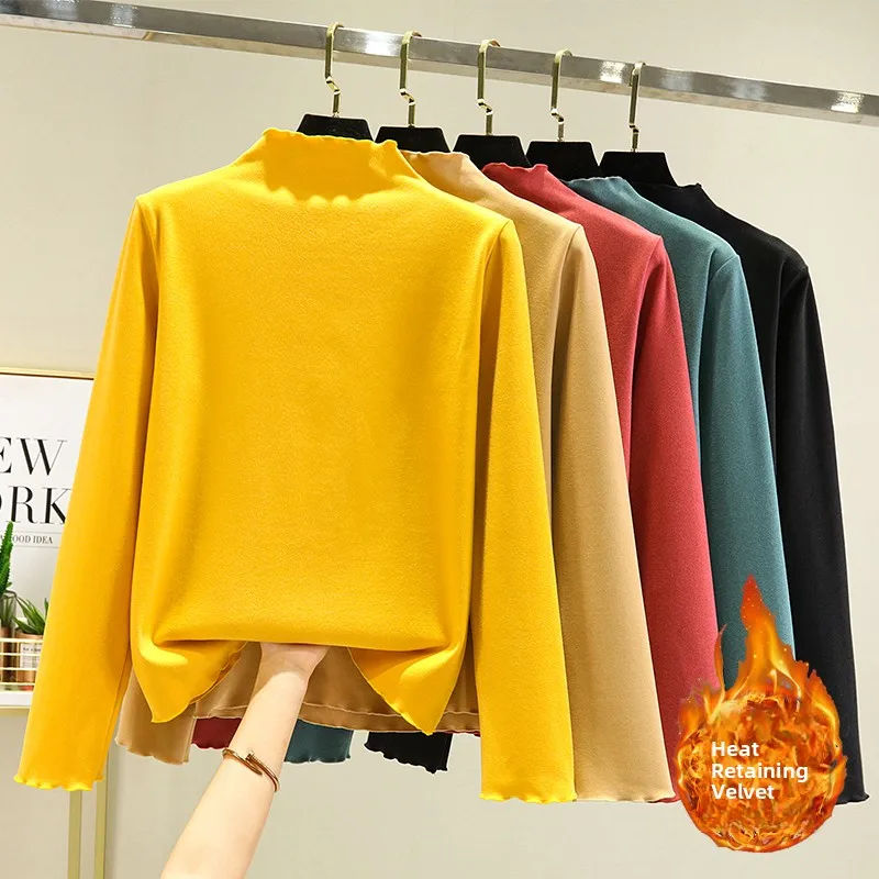 Thiened Double-Sided Fce f-High Collar Base irt Women's Inner Wear Velvet Long Sve T-irt Warm Heating Top