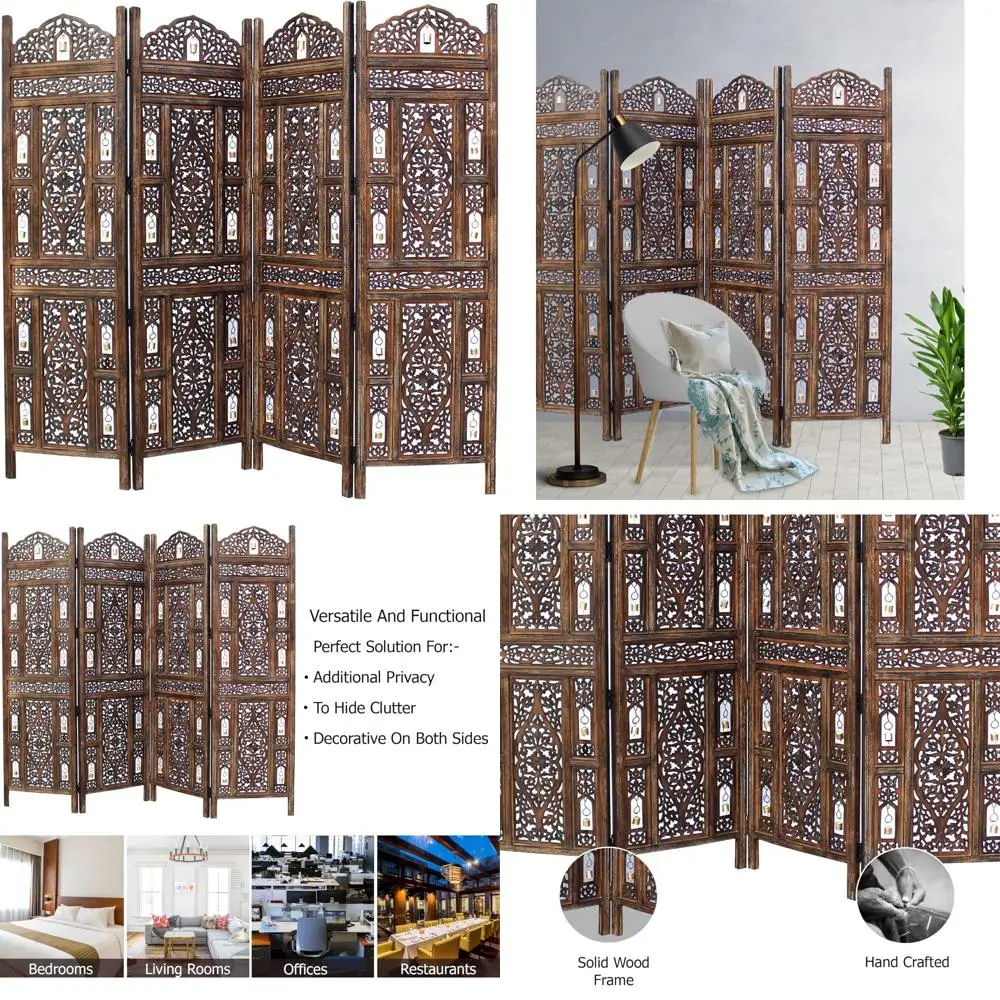 Antique Brown 4-Panel Folding Wood Screen with Ghanti Bells, 72 x 80 - Hand Carved Decorative and Functional Divider