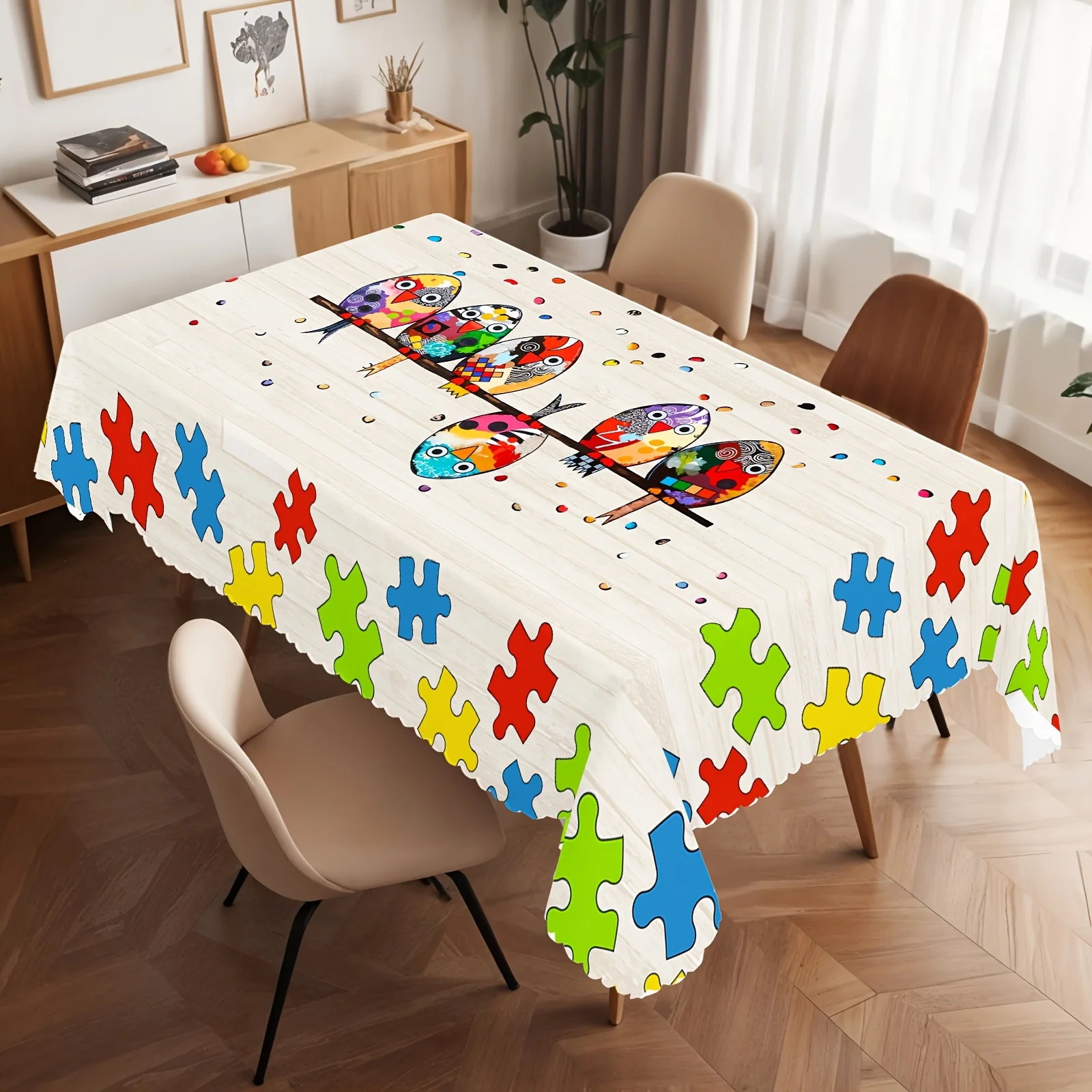 A colorful puzzle-themed tablecloth featuring six special birds and puzzle pattern prints.