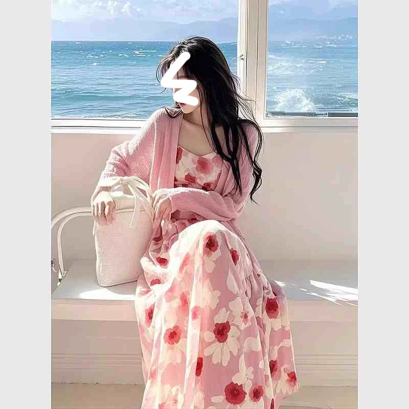 Primavera nova rosa aberto cardigan topo e floral dr conjunto de duas peças el menina sle a linha saia longa sve comprimento médio dr