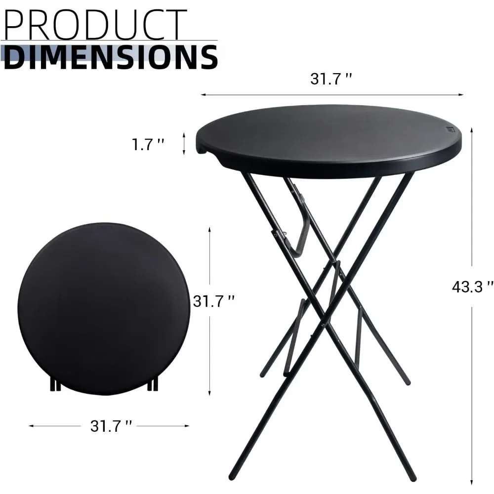 32in Cocktail Table Black High Top Folding Table, Portable Bar Height Folding Table Round with Removable Carbon Black Leg