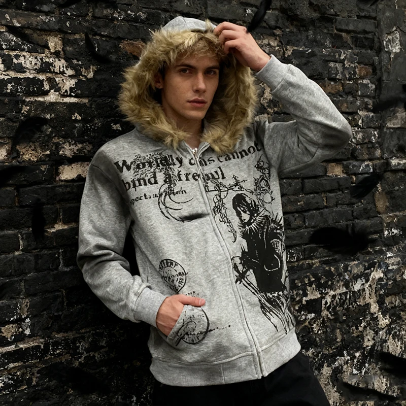 

y2k Новая толстовка на молнии с готическим узором и капюшоном на меховой подкладке, нейтральная уличная одежда в стиле панк, повседневная спортивная одежда осень/зима