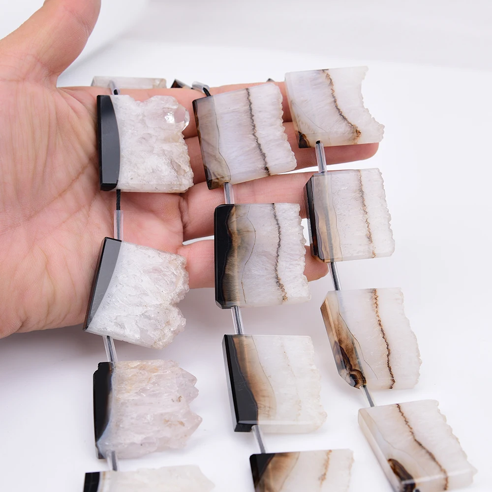 APDGG Big Size Natural Black Lace Agate White Quartz Top-Drilled Slice Loose Pendant Beads 15.5'' Strand Jewelry DIY