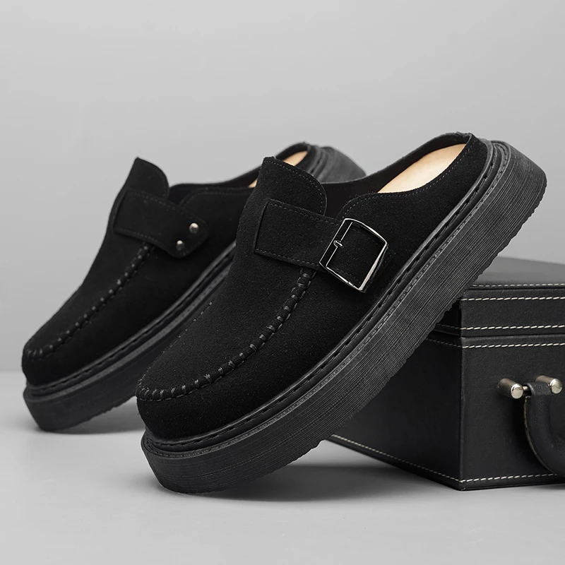 Men Slip On Mules Spring Autumn Moc Toe Design Matte Finish Metal Buckle Detail Chunky Flat Sole Backless Loafers