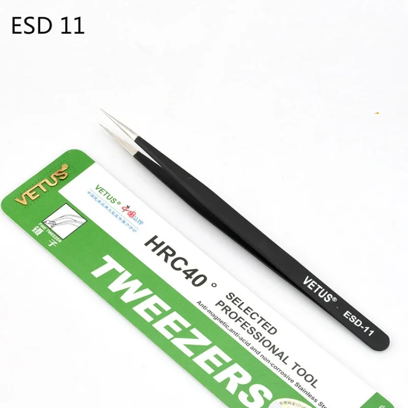 100% VEtus ESD Anti-static Stainless Steel Tweezers Maintenance Tools Industrial Precision Curved Straight Tweezers Repair Tools