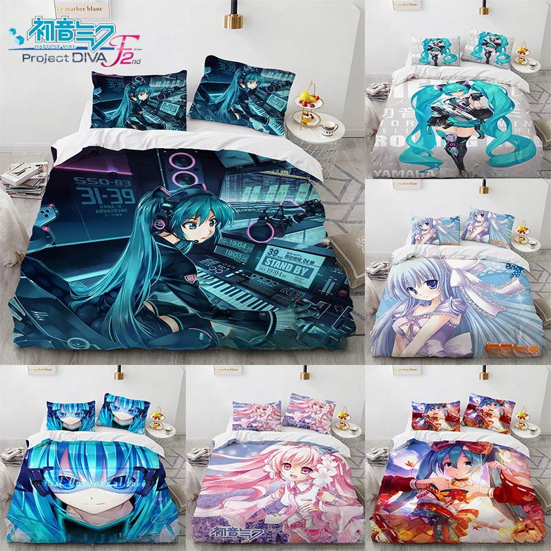 Anime Hatsune Miku Bedding Set Kawaii Quilt Cover Pillowcase Harajuku Bed Bedroom Duvet Cover Decor Beddings Suit Kids Gift