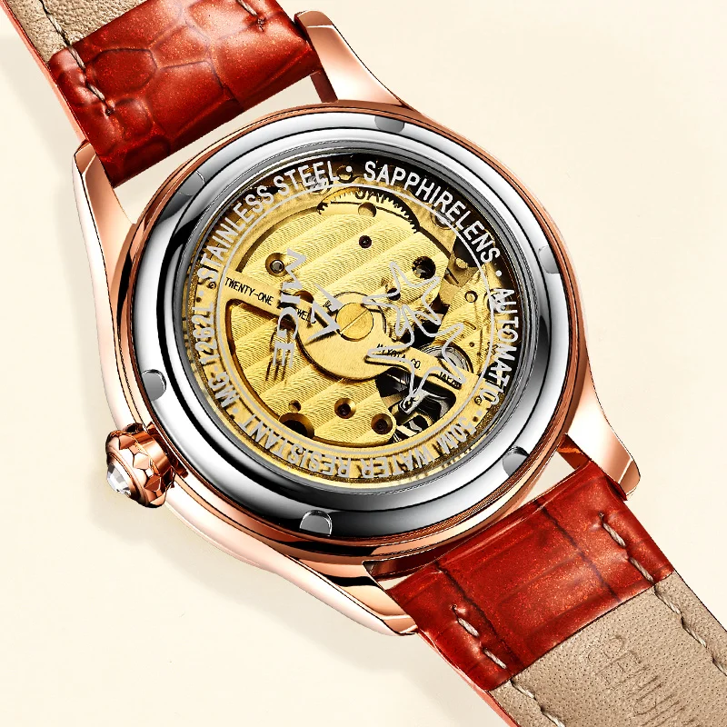 MIGE Women Automatic Mechanical Watch Hollow Star Dial Crystal Diamond Bezel Shell Dial Leather Strap Luxury Ladies Wristwatch