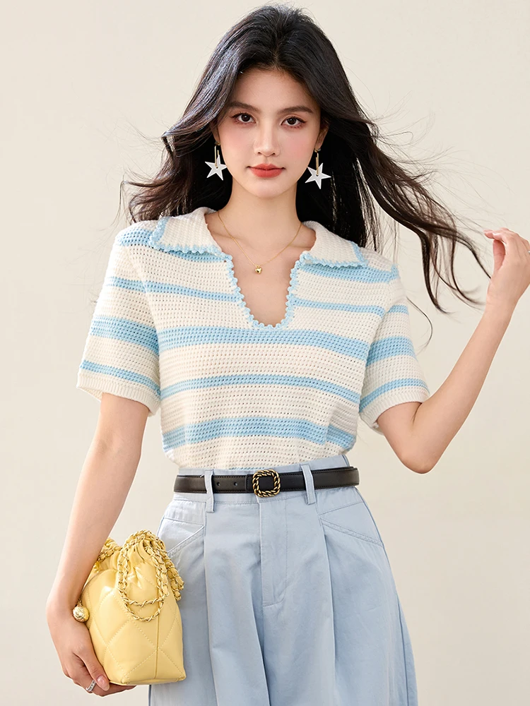 Zomer nieuwe Koreaanse gestreepte T-shirts met korte mouwen Trui Design Sense Niche Casual mode POLO Shirt Tee Office Lady Top