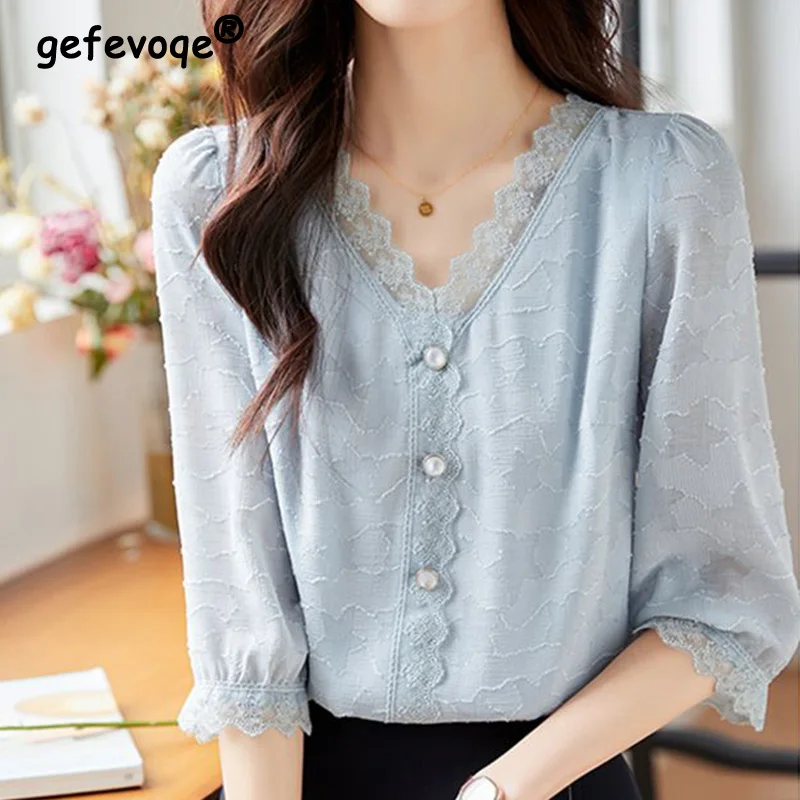 Three Quarter Sleeved V-neck Chiffon Pullover Tees for Women Summer Clothes V-Neck Splicing Lace Grayish Blue Loose Straight Top