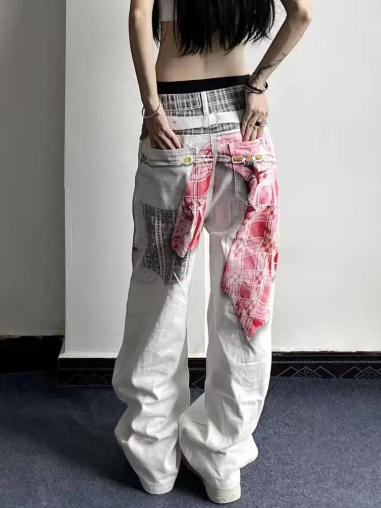 Calças de brim de impressão branca feminina carga baggy y2k japonês harajuku high street estética 2000s estilo calças jeans roupas