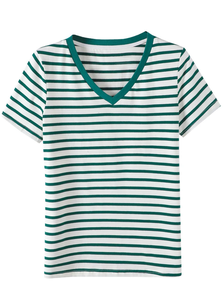 Cotton Striped T Shirt Women Korean Summer Short Sleeve Loose V Neck Casual T-shirts Basic Tee Shirts Female Tops Ladies Clothes