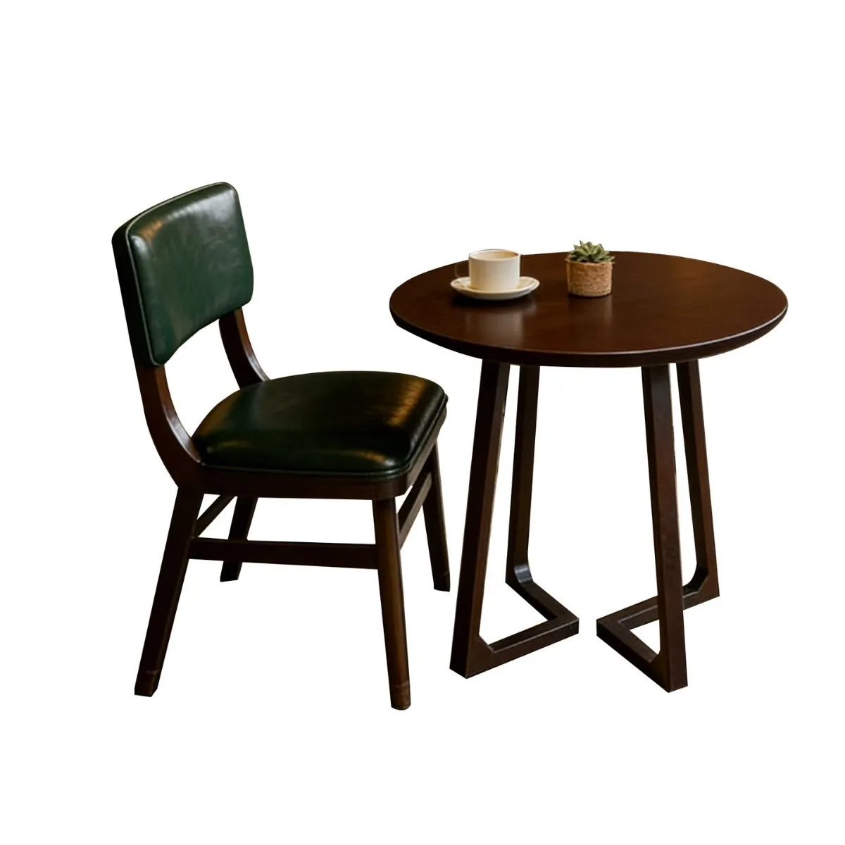 Retro dark green oil wax leather chair commercial solid wood round table cafe milk tea small round table