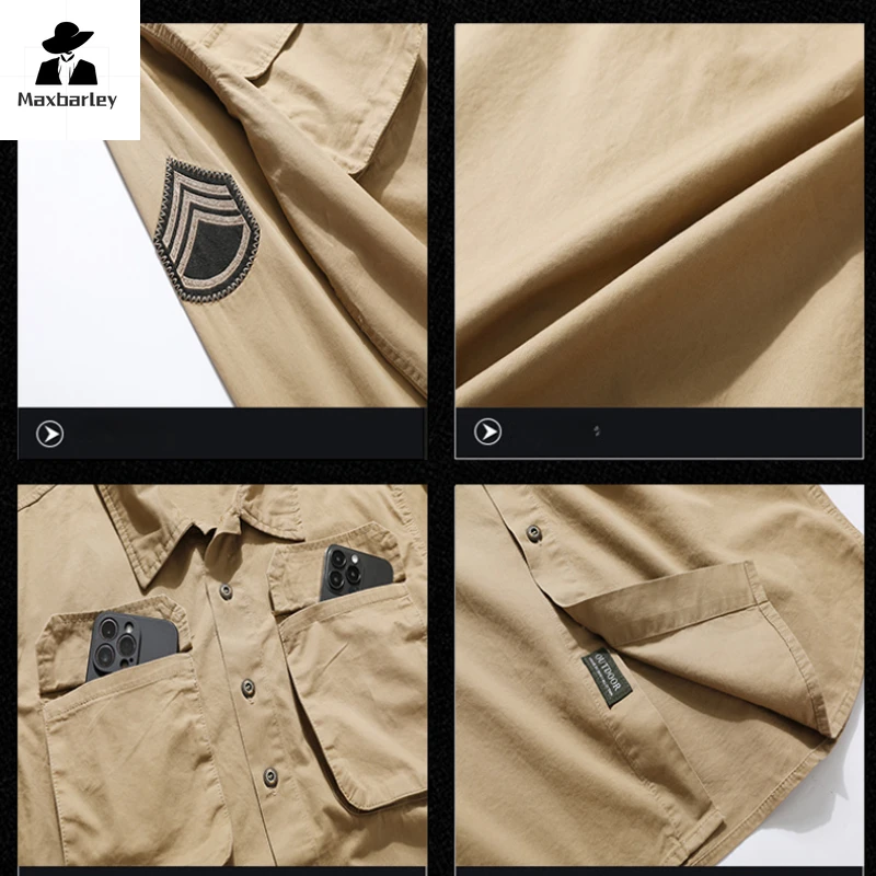 Casual Shirt Men's Spring and Autumn Vintage Embroidered Lap Long Sleeve Work Shirt Top Male Hiking Camping Multi-Pocket Jacket
