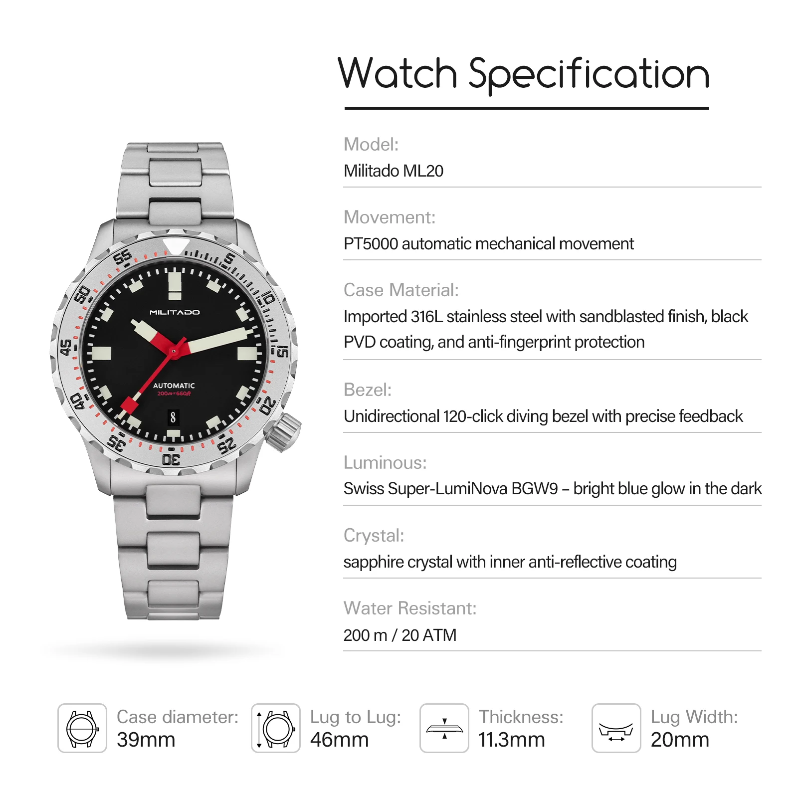 MILITADO ML20 39mm Dive Watch PT5000 Automatic 200M Waterproof Black PVD 316L Steel Sapphire BGW9 Lume Men's Mechanical Wristwat