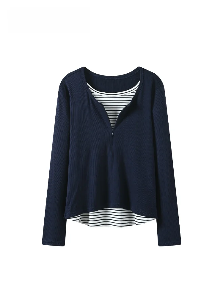 

plus Size Women's Long Sve T-irt Striped Patchwork Fake Two-Piece Sle Korean Faion V-Ne Mid-Length Spring New Arri...