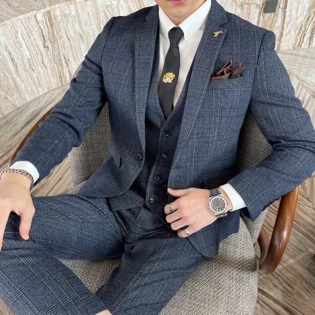 British Korean Style High Quality Modified Plaid Three-Piece Suit for Men - Stylish Business Casual Suit Vest And Trousers Set 6