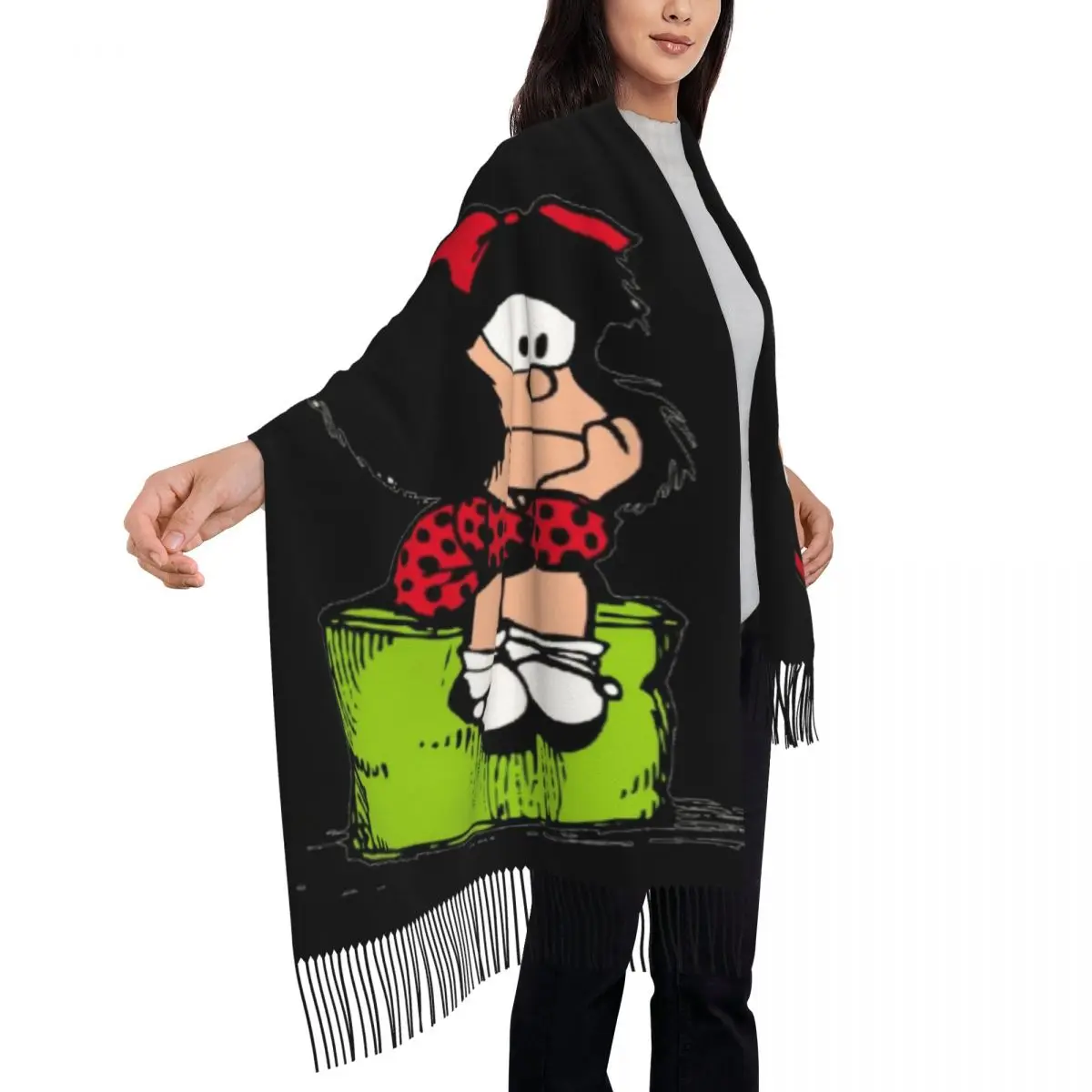 Ladies Long Mafalda Thinking Scarves Women Winter Soft Warm Tassel Shawl Wraps Quino Comic Cartoon Scarf