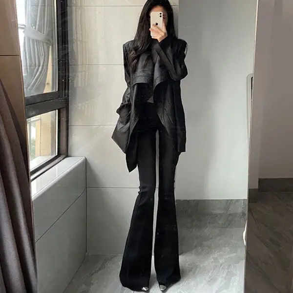 Fashionable Temperament Lapel 2025 Trench Coat Solid Color Medium Long Waist Jacket Autumn New Item Slimming Top