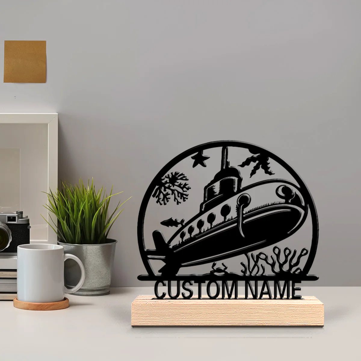 1pc Submarine Custom Letter Metal Statue Iron Ornament Art Crafts With Wood Base Tin Ornament With Wood Base For Children Gifts